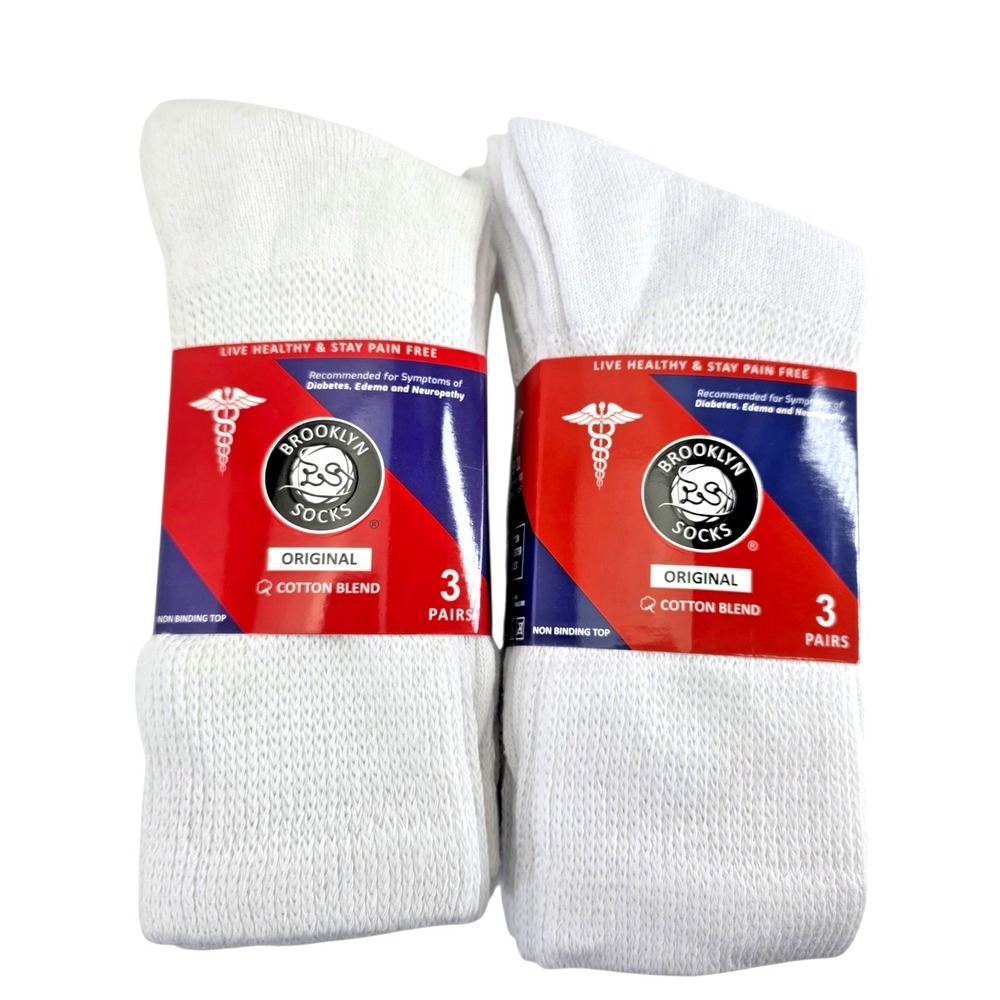 6-Pack BROOKLYN White Diabetic Socks Sz 9-11, Shoe Sz Mens 7-9.5